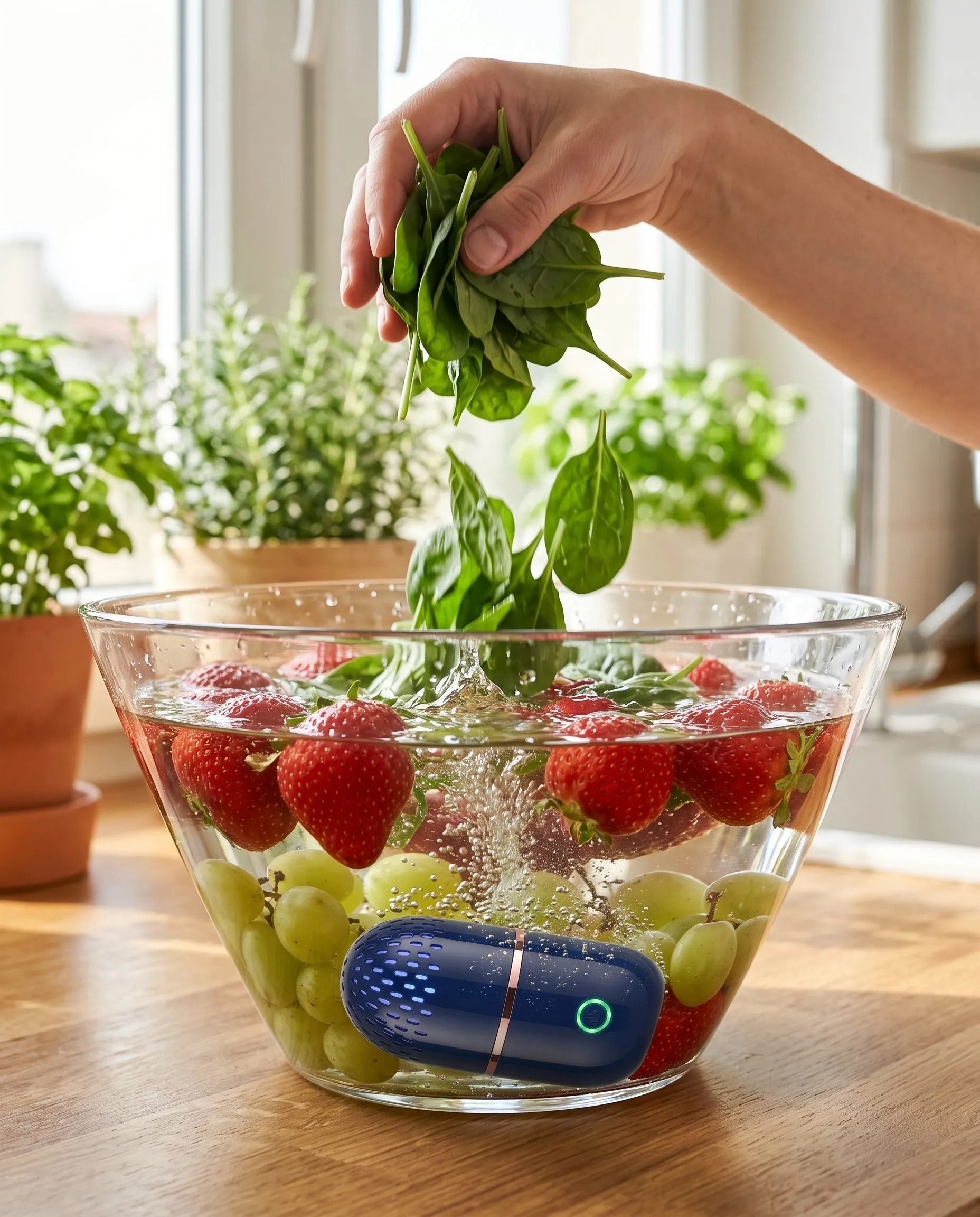PodBloom bei der Reinigung von Obst und Gemüse in einer Wasserschüssel